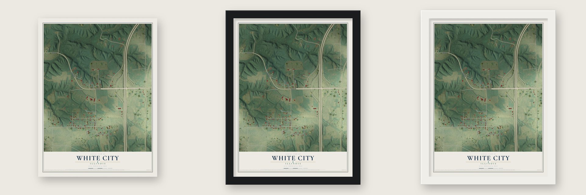 White City, Illinois map unframed, in a black wood frame and in a white wood frame