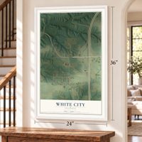 White City, Illinois map, 24 x 36 inch print in a white frame by a staircase