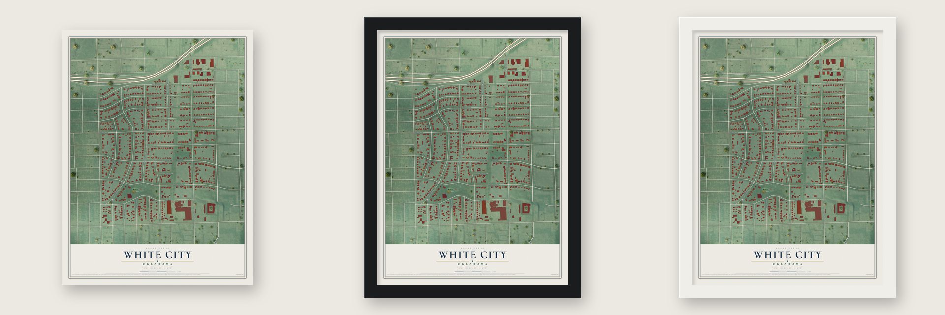 White City, Oklahoma map unframed, in a black wood frame and in a white wood frame