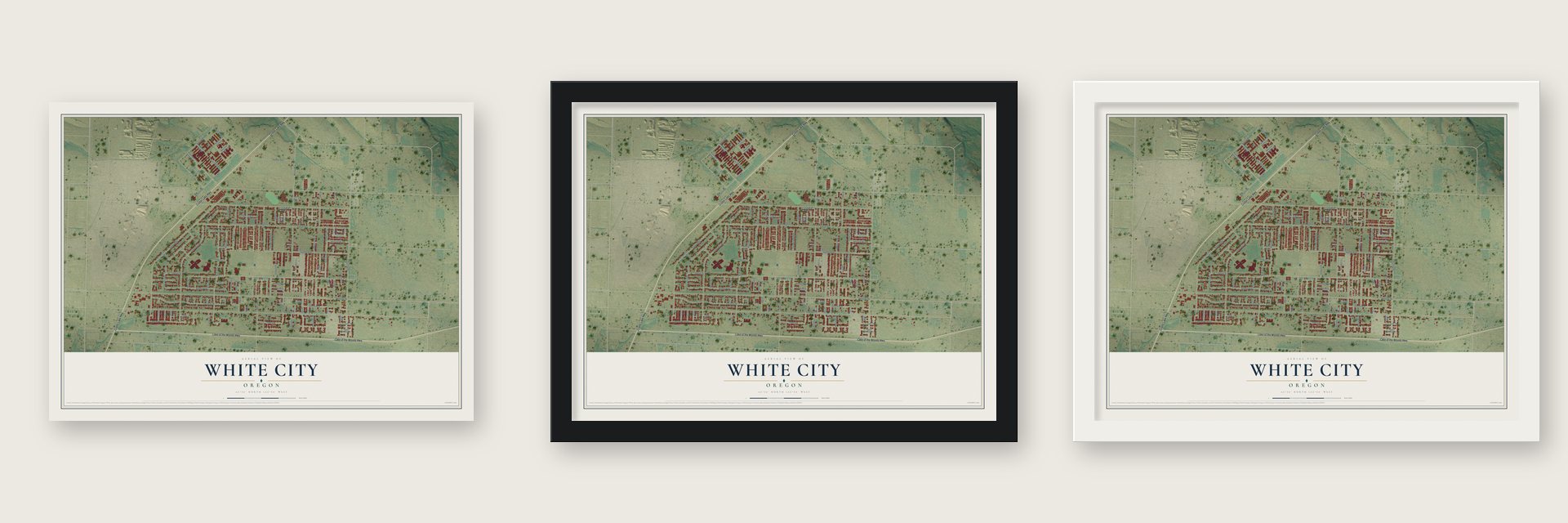 White City, Oregon map unframed, in a black wood frame and in a white wood frame