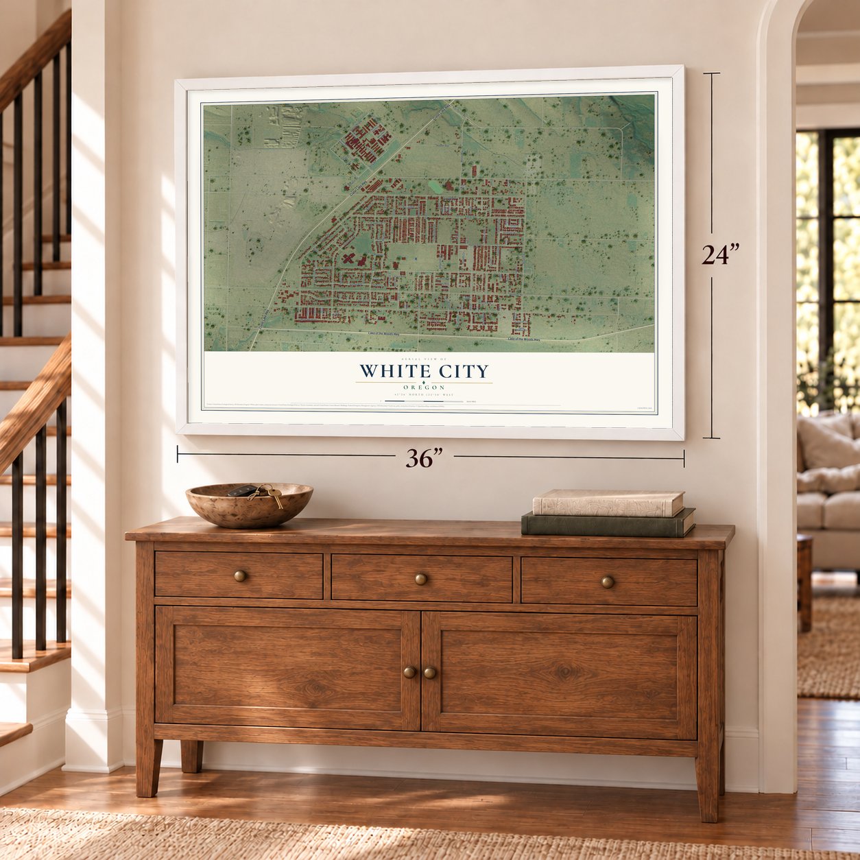 White City, Oregon map, 24 x 36 inch print in a white frame above a dresser by a staircase