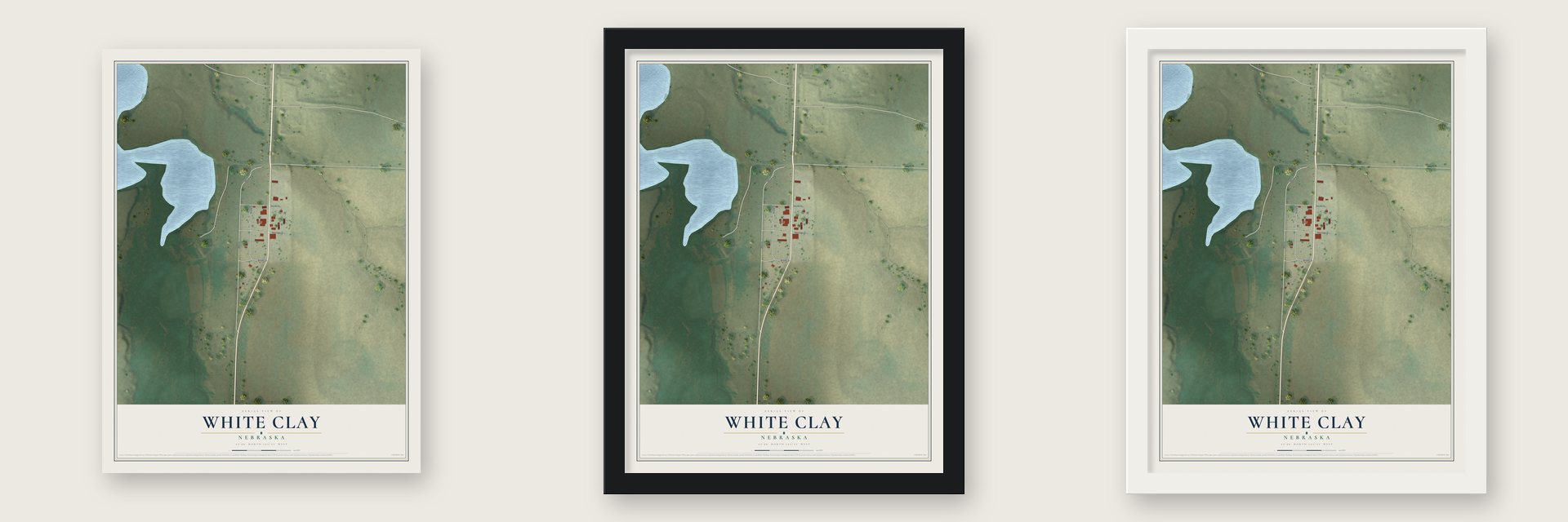 White Clay, Nebraska map unframed, in a black wood frame and in a white wood frame