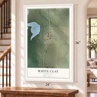 White Clay, Nebraska map, 24 x 36 inch print in a white frame by a staircase
