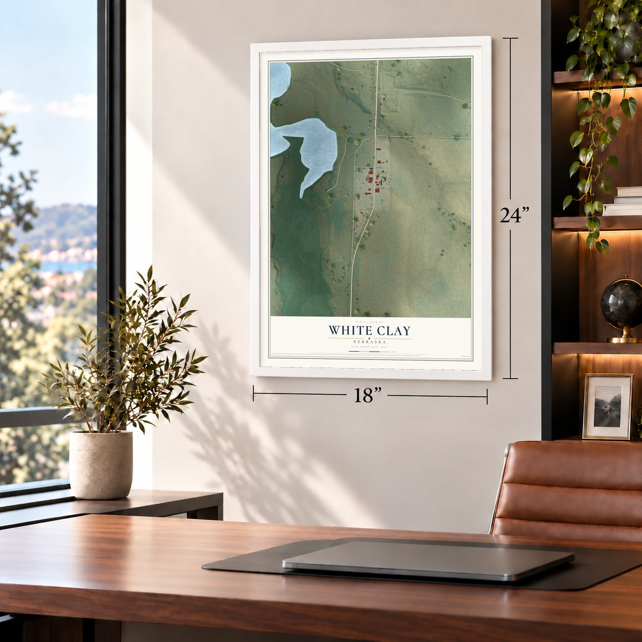 White Clay, Nebraska map, 18 x 24 inch print in a white frame in a home office