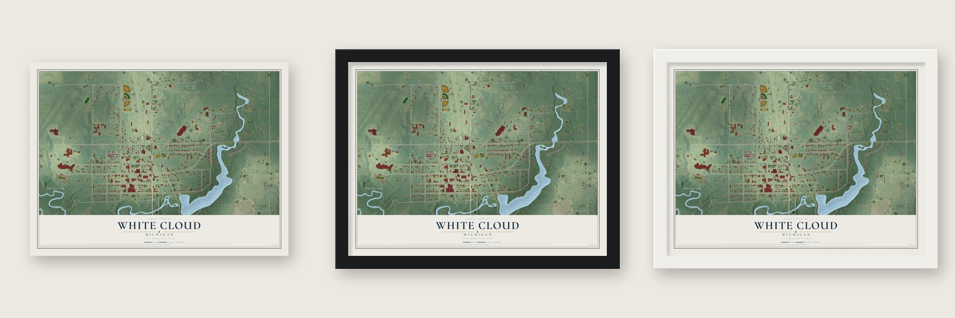 White Cloud, Michigan map unframed, in a black wood frame and in a white wood frame