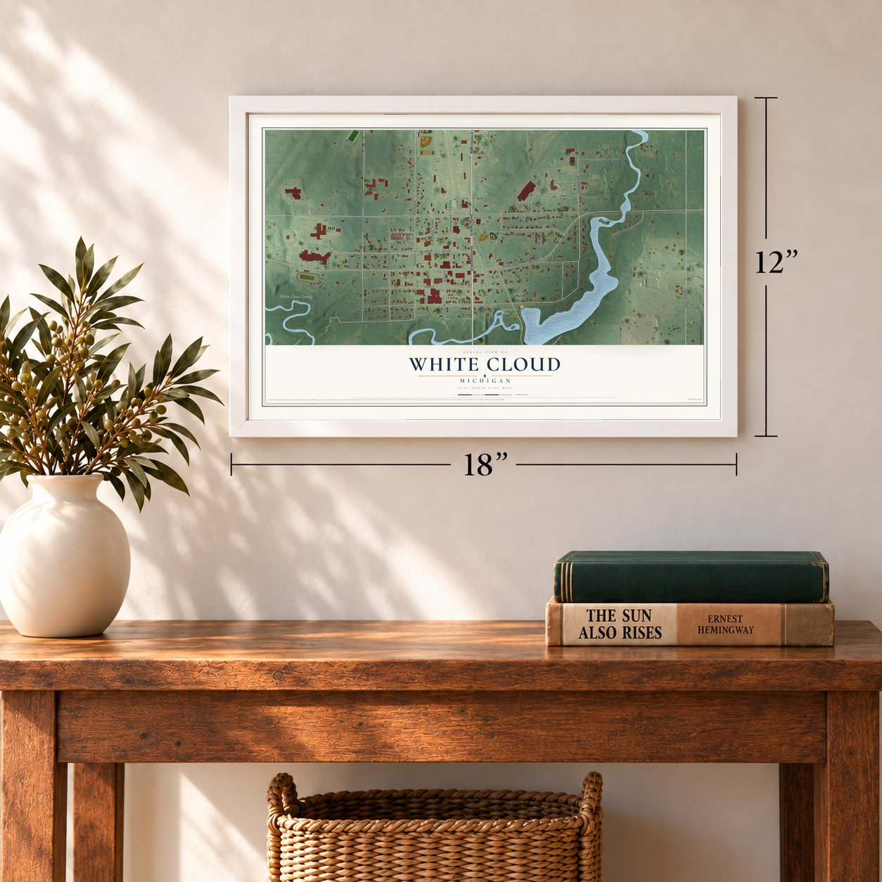 White Cloud, Michigan map, 12 x 18 inch print in a white frame in an entryway