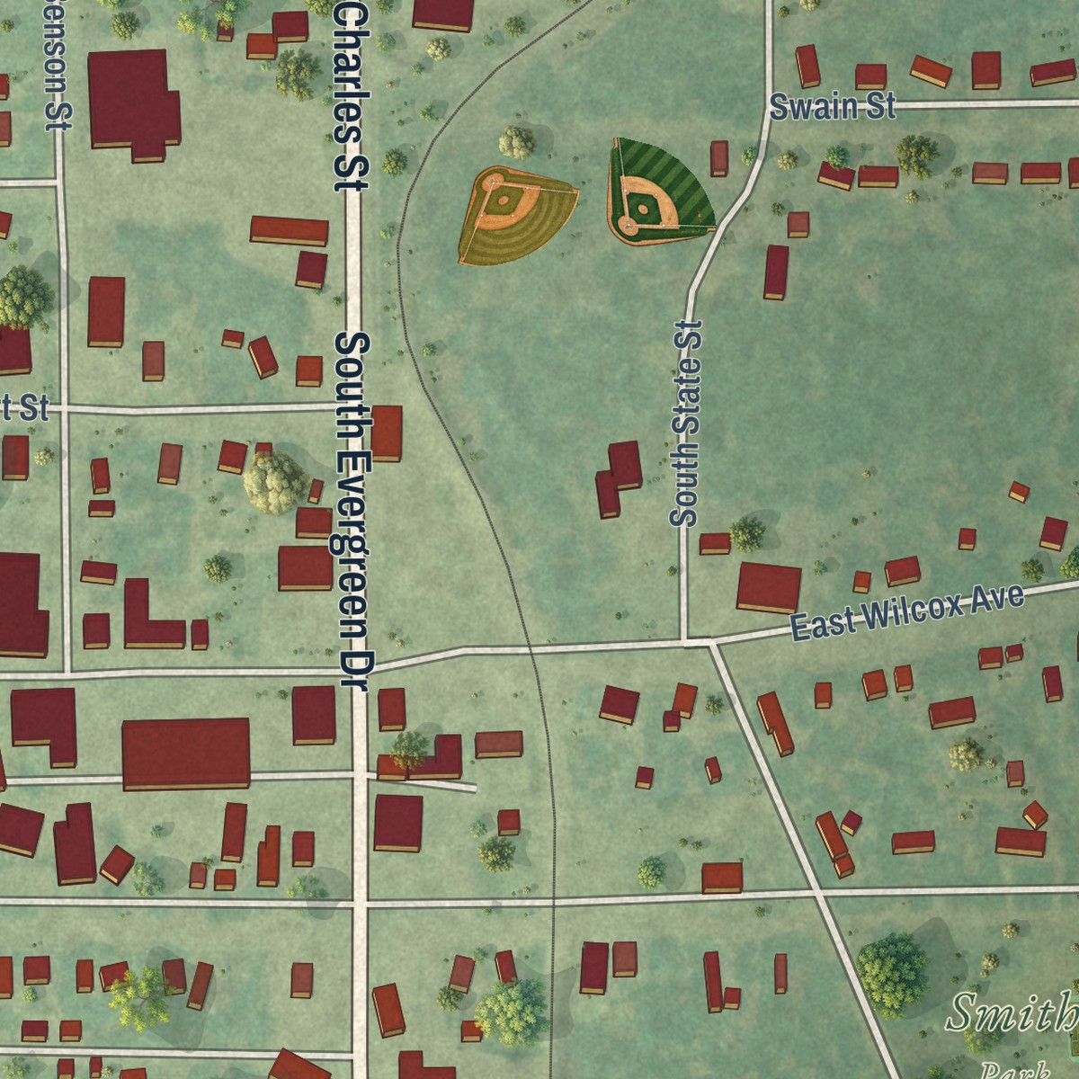 Second close-up of the map of White Cloud, Michigan print showing more streets and buildings