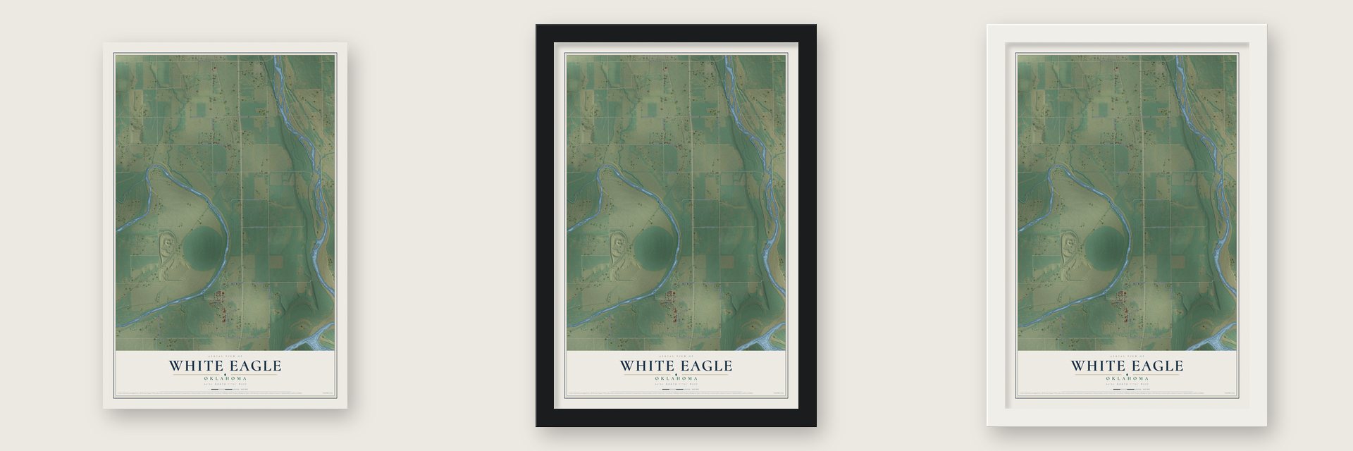 White Eagle, Oklahoma map unframed, in a black wood frame and in a white wood frame