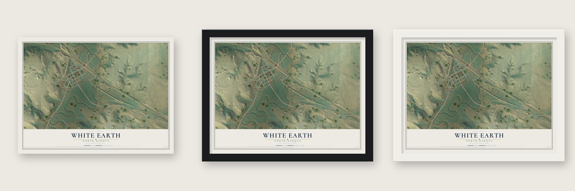 White Earth, North Dakota map unframed, in a black wood frame and in a white wood frame