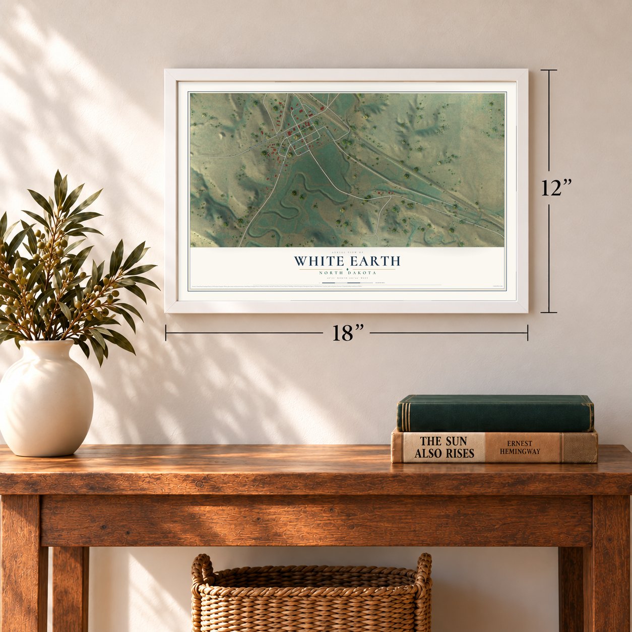 White Earth, North Dakota map, 12 x 18 inch print in a white frame in an entryway