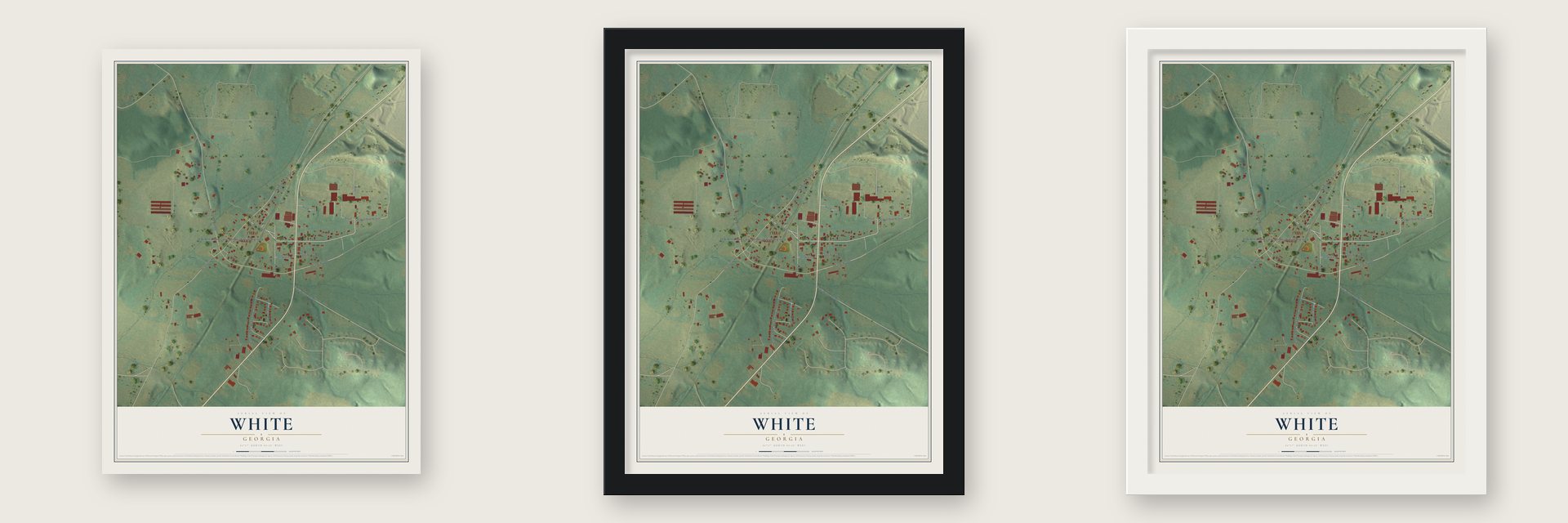 White, Georgia map unframed, in a black wood frame and in a white wood frame