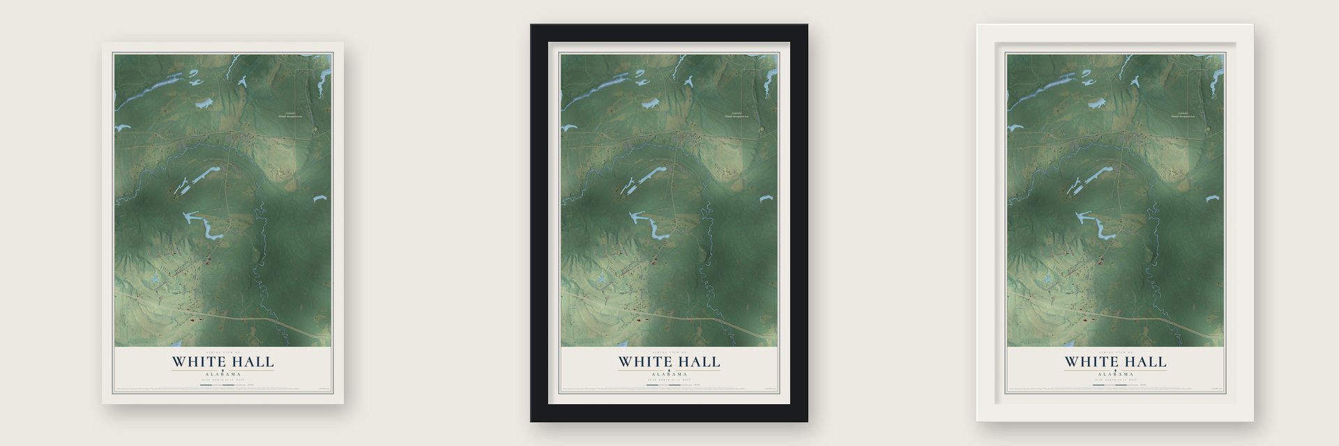 White Hall, Alabama map unframed, in a black wood frame and in a white wood frame