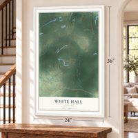 White Hall, Alabama map, 24 x 36 inch print in a white frame by a staircase