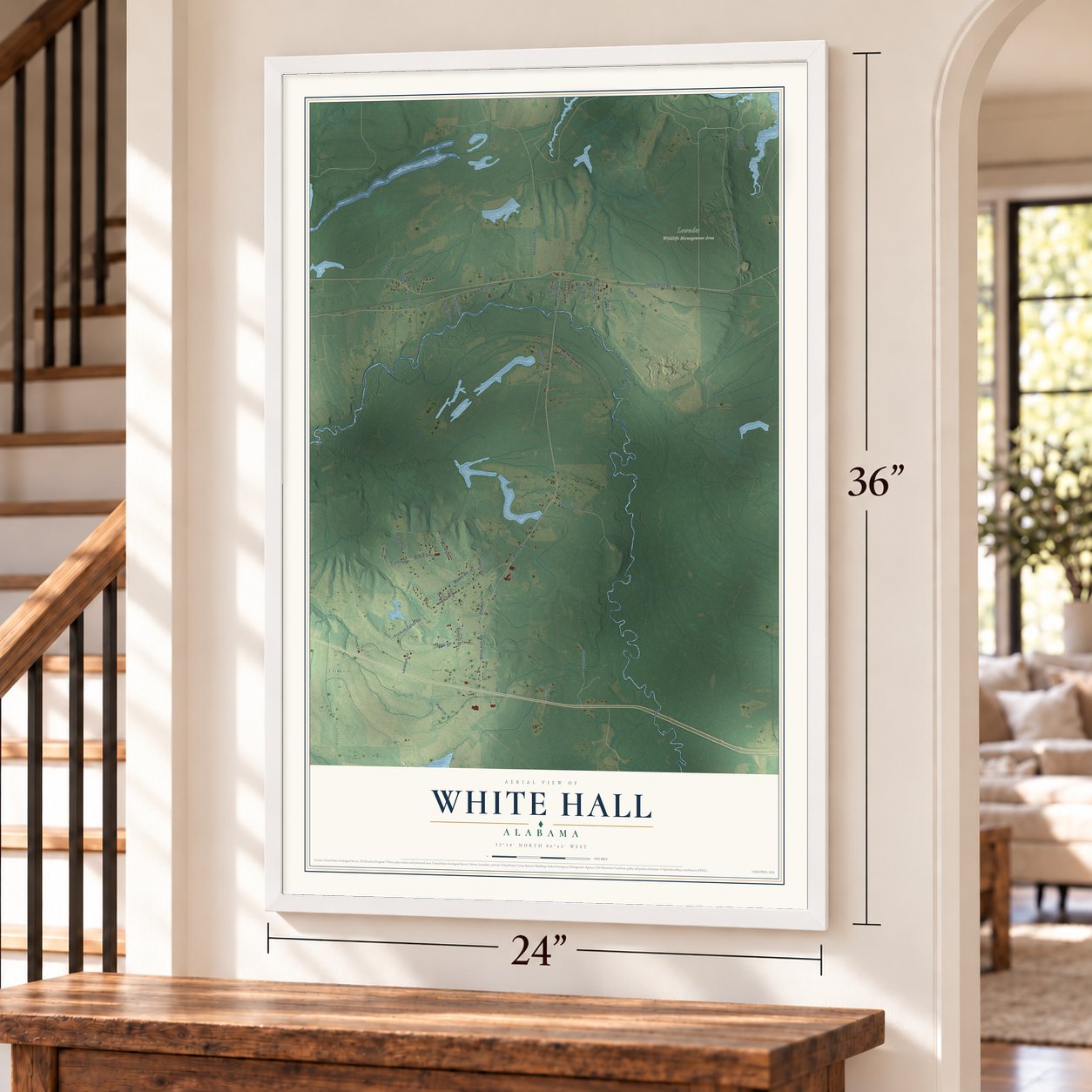 White Hall, Alabama map, 24 x 36 inch print in a white frame by a staircase