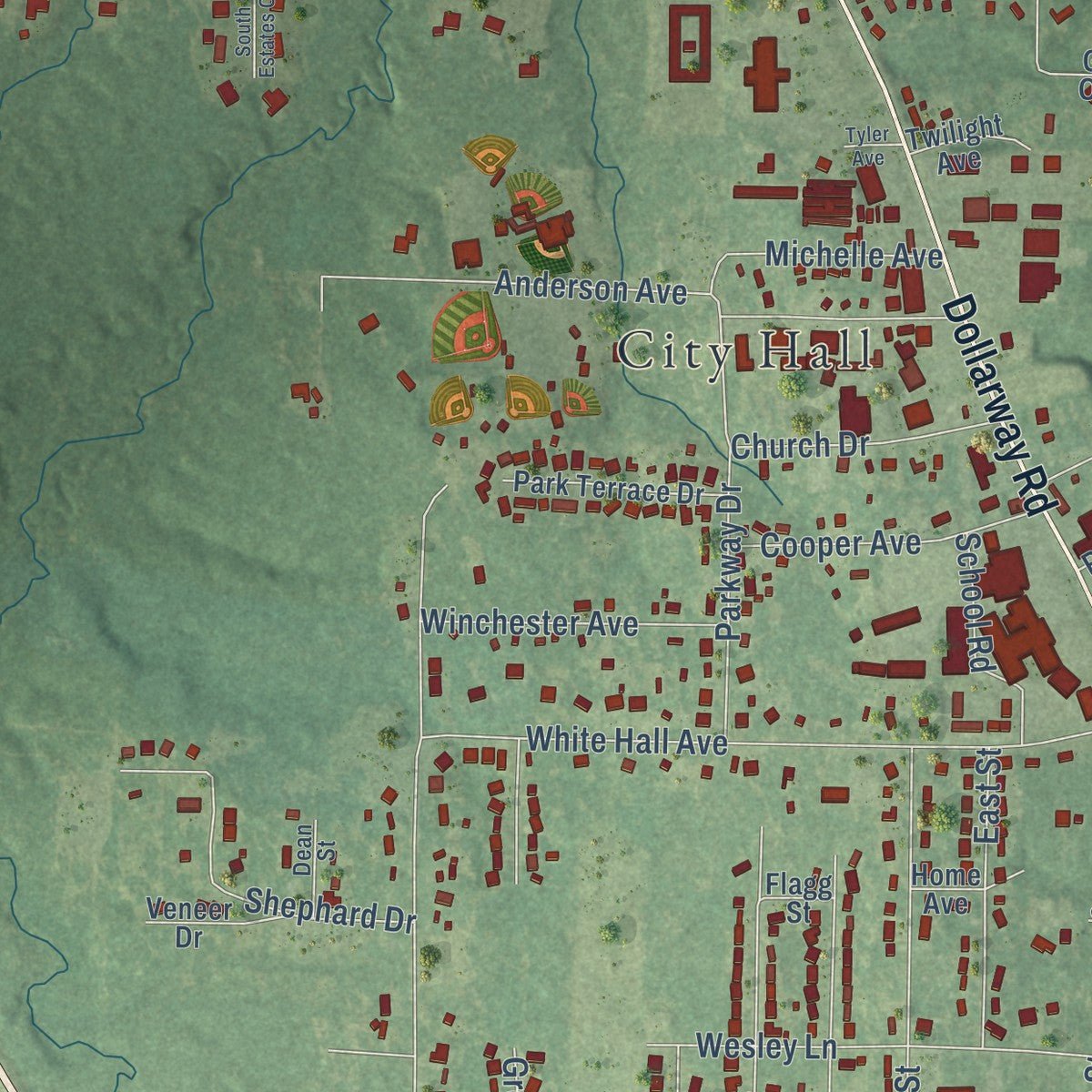 Second close-up of the map of White Hall, Arkansas print showing more streets and buildings