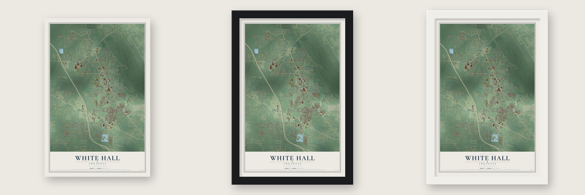 White Hall, Arkansas map unframed, in a black wood frame and in a white wood frame