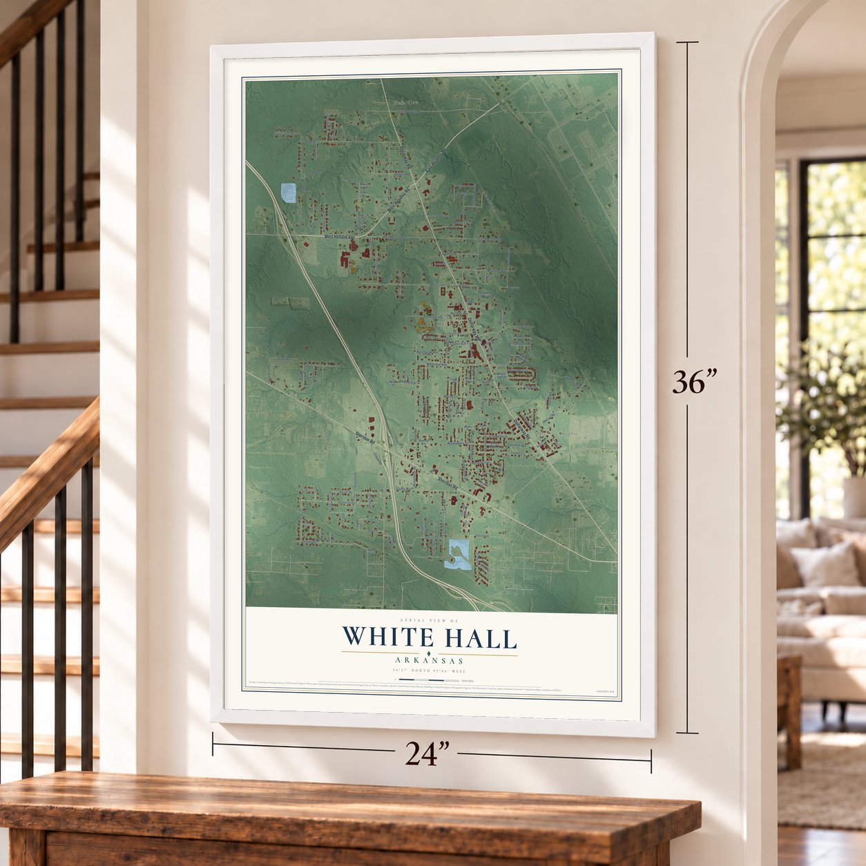 White Hall, Arkansas map, 24 x 36 inch print in a white frame by a staircase