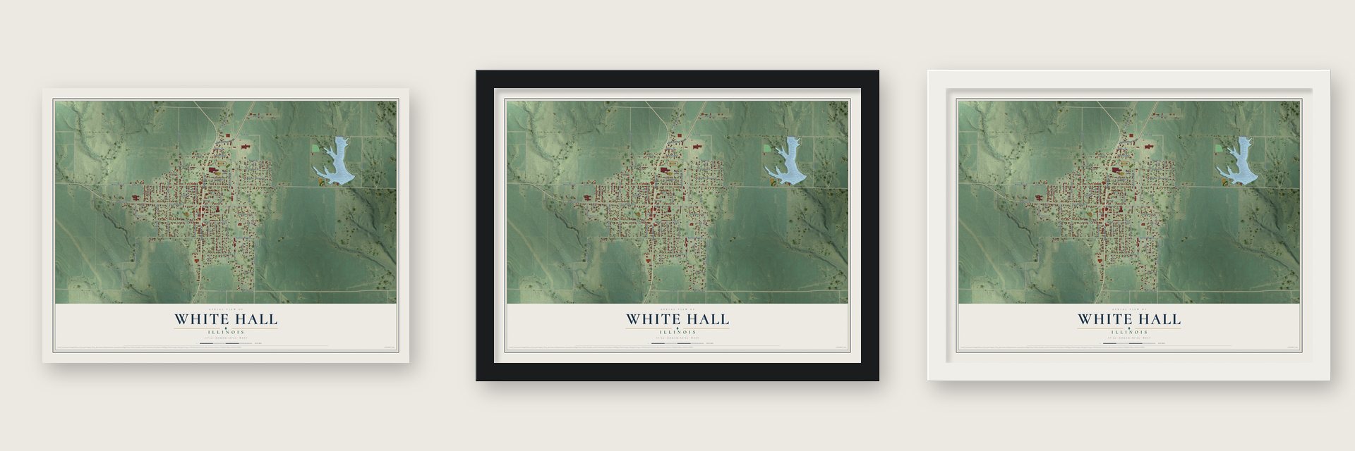 White Hall, Illinois map unframed, in a black wood frame and in a white wood frame