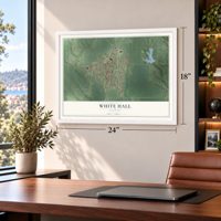 White Hall, Illinois map, 18 x 24 inch print in a white frame in a home office