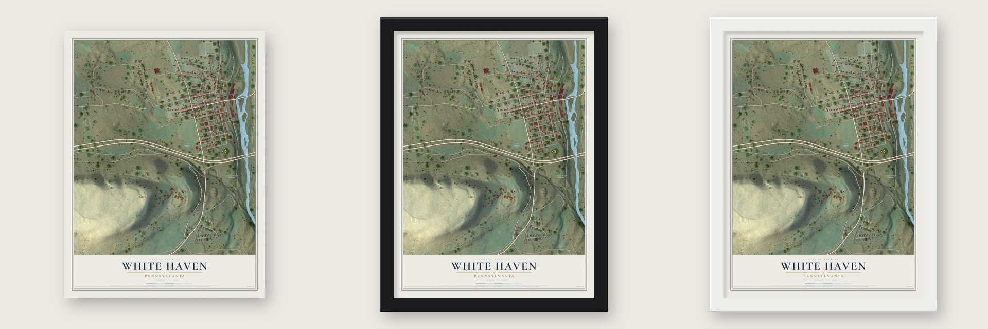 White Haven, Pennsylvania map unframed, in a black wood frame and in a white wood frame