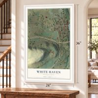 White Haven, Pennsylvania map, 24 x 36 inch print in a white frame by a staircase