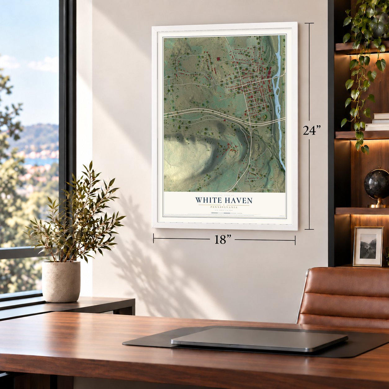 White Haven, Pennsylvania map, 18 x 24 inch print in a white frame in a home office