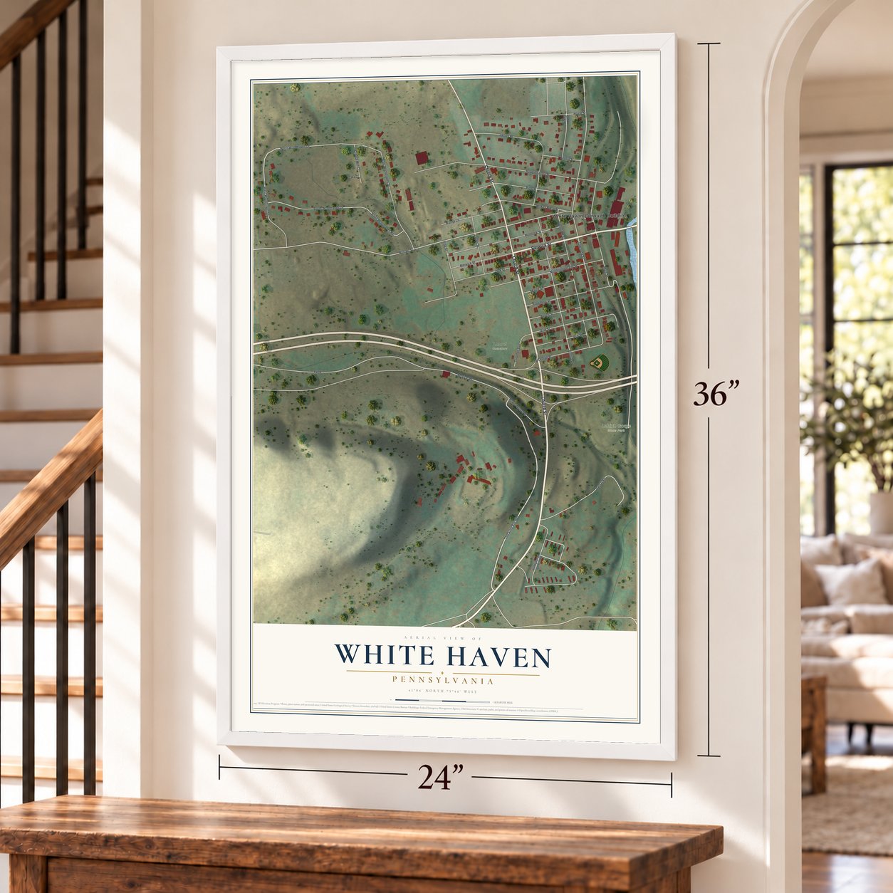 White Haven, Pennsylvania map, 24 x 36 inch print in a white frame by a staircase