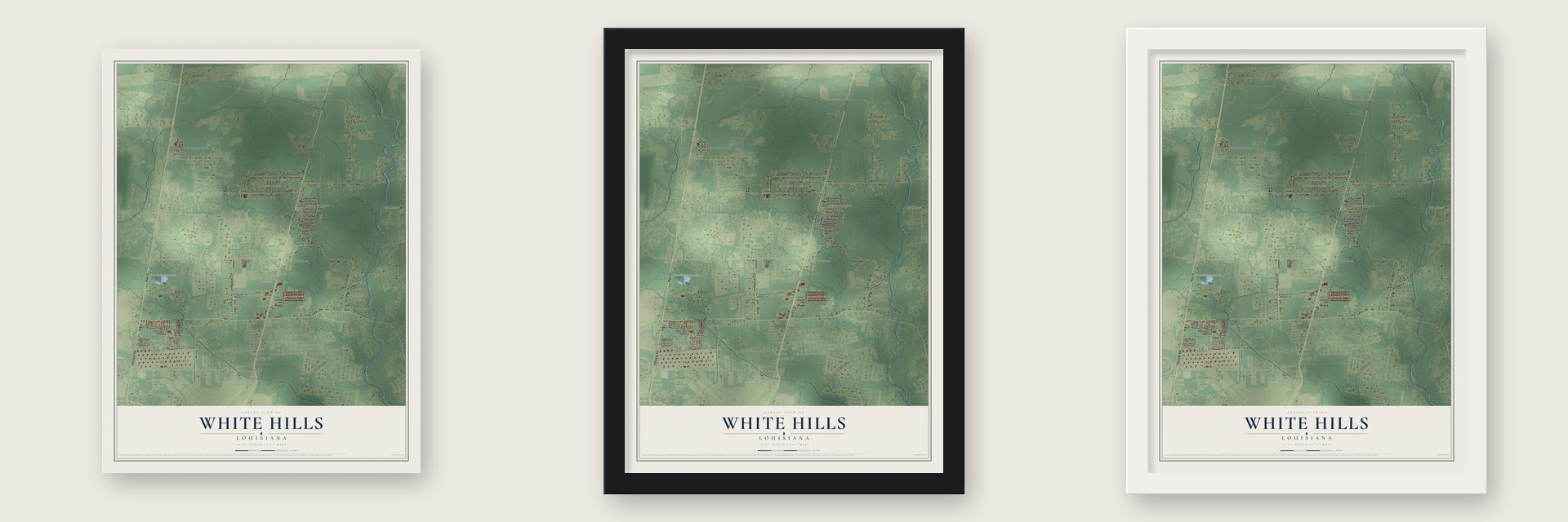 White Hills, Louisiana map unframed, in a black wood frame and in a white wood frame