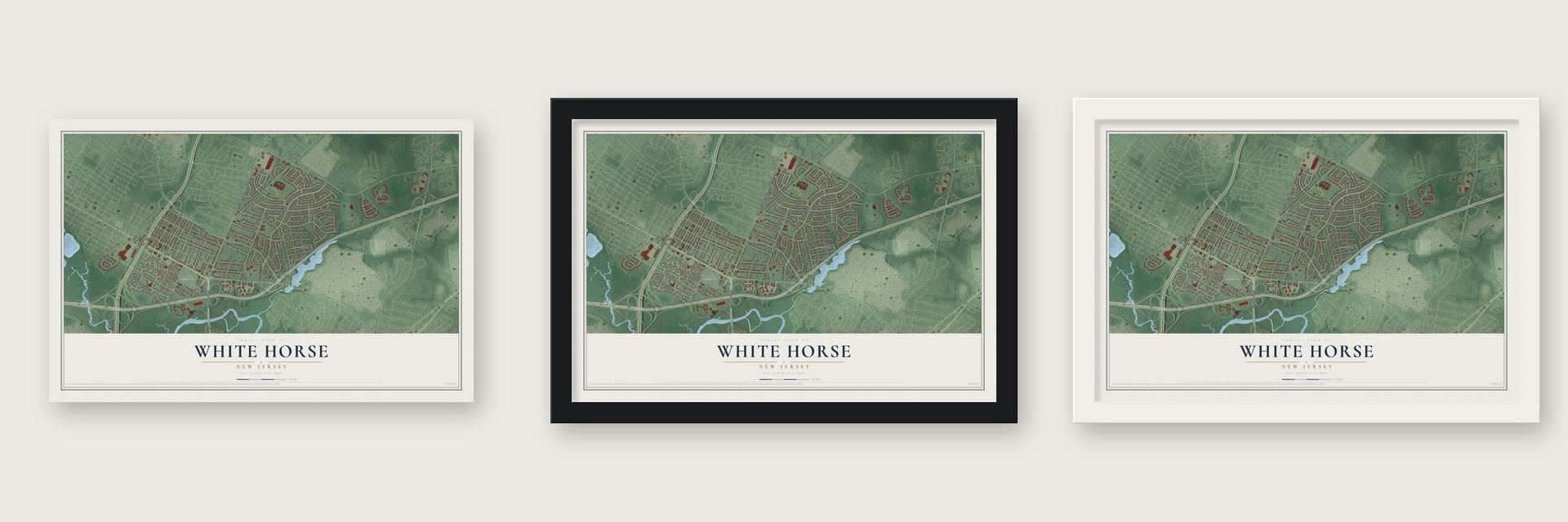 White Horse, New Jersey map unframed, in a black wood frame and in a white wood frame