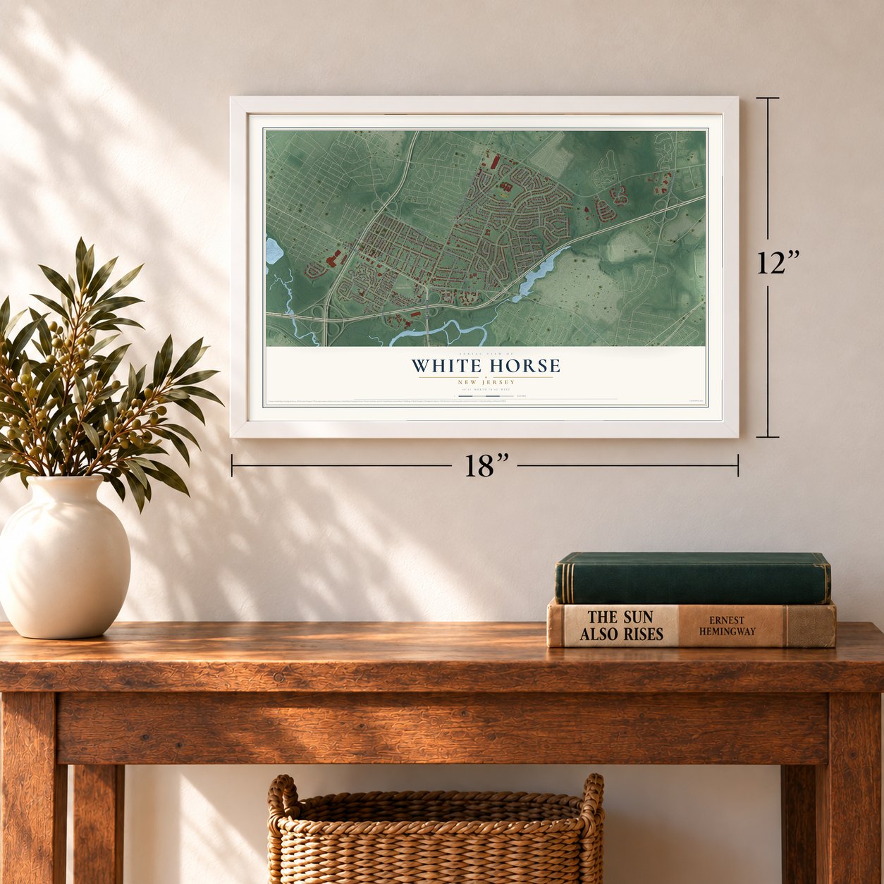 White Horse, New Jersey map, 12 x 18 inch print in a white frame in an entryway
