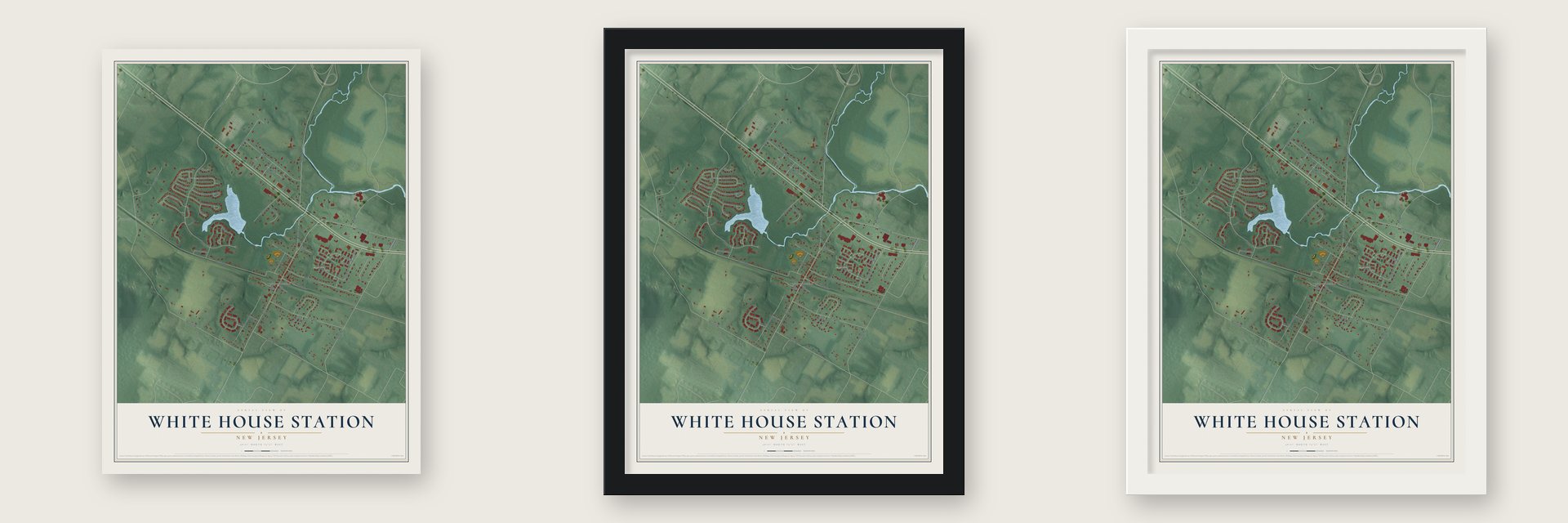 White House Station, New Jersey map unframed, in a black wood frame and in a white wood frame