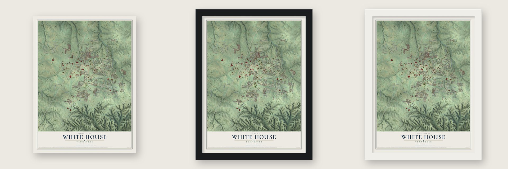 White House, Tennessee map unframed, in a black wood frame and in a white wood frame