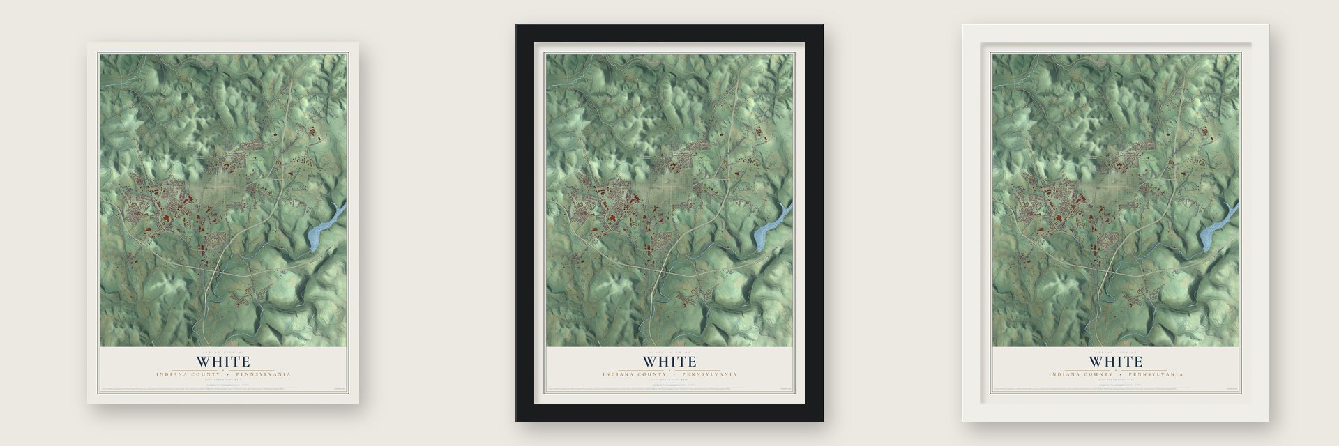 White, Indiana County, Pennsylvania map unframed, in a black wood frame and in a white wood frame