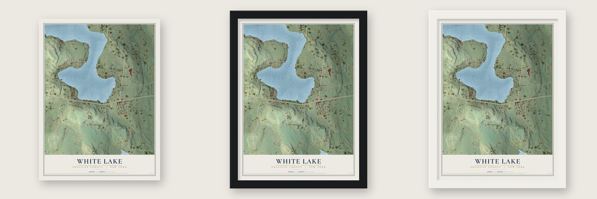 White Lake, New York map unframed, in a black wood frame and in a white wood frame