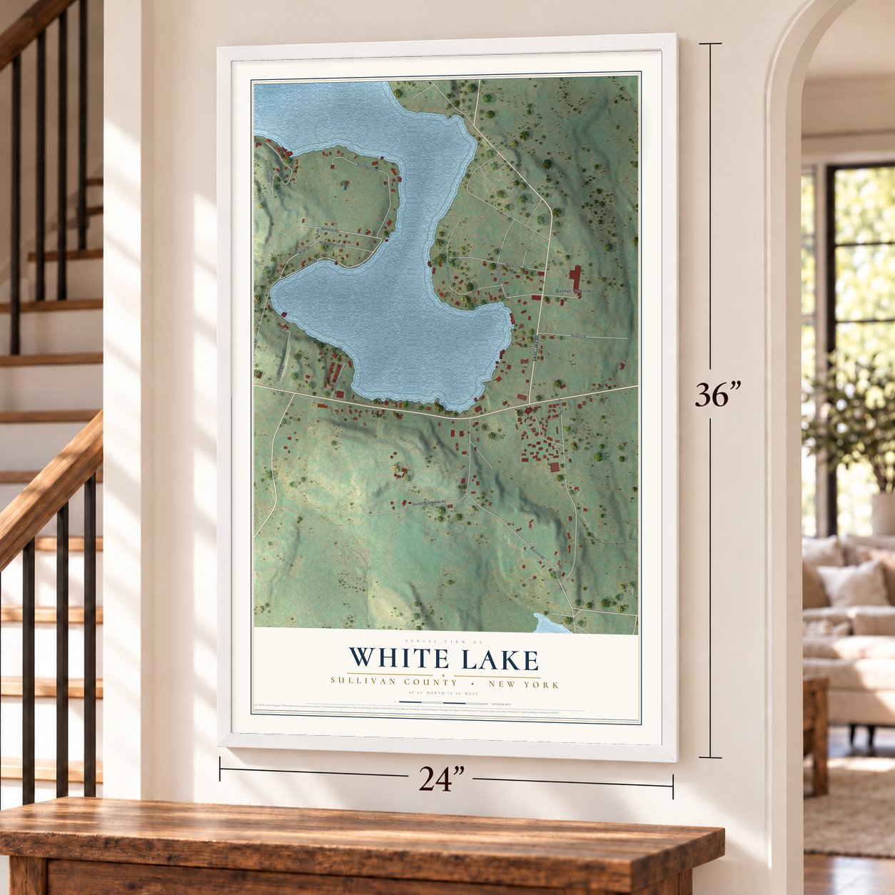 White Lake, New York map, 24 x 36 inch print in a white frame by a staircase