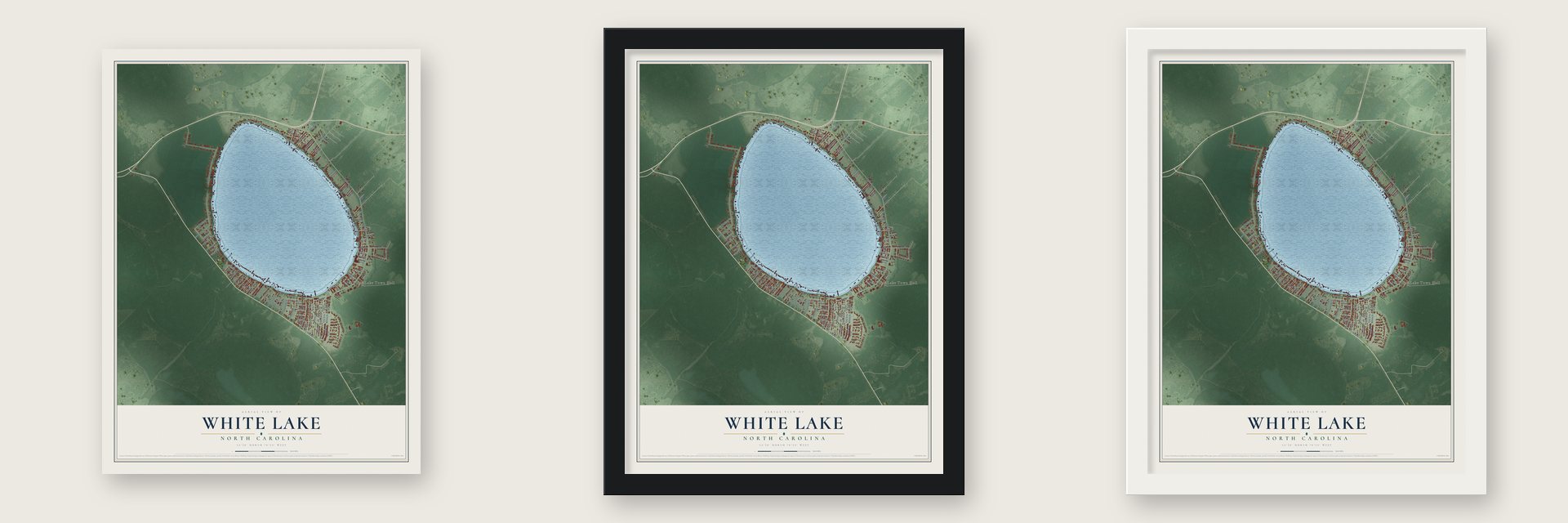 White Lake, North Carolina map unframed, in a black wood frame and in a white wood frame