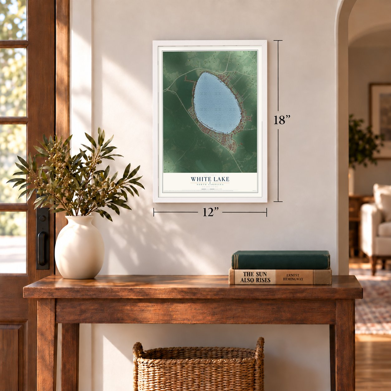 White Lake, North Carolina map, 12 x 18 inch print in a white frame in an entryway