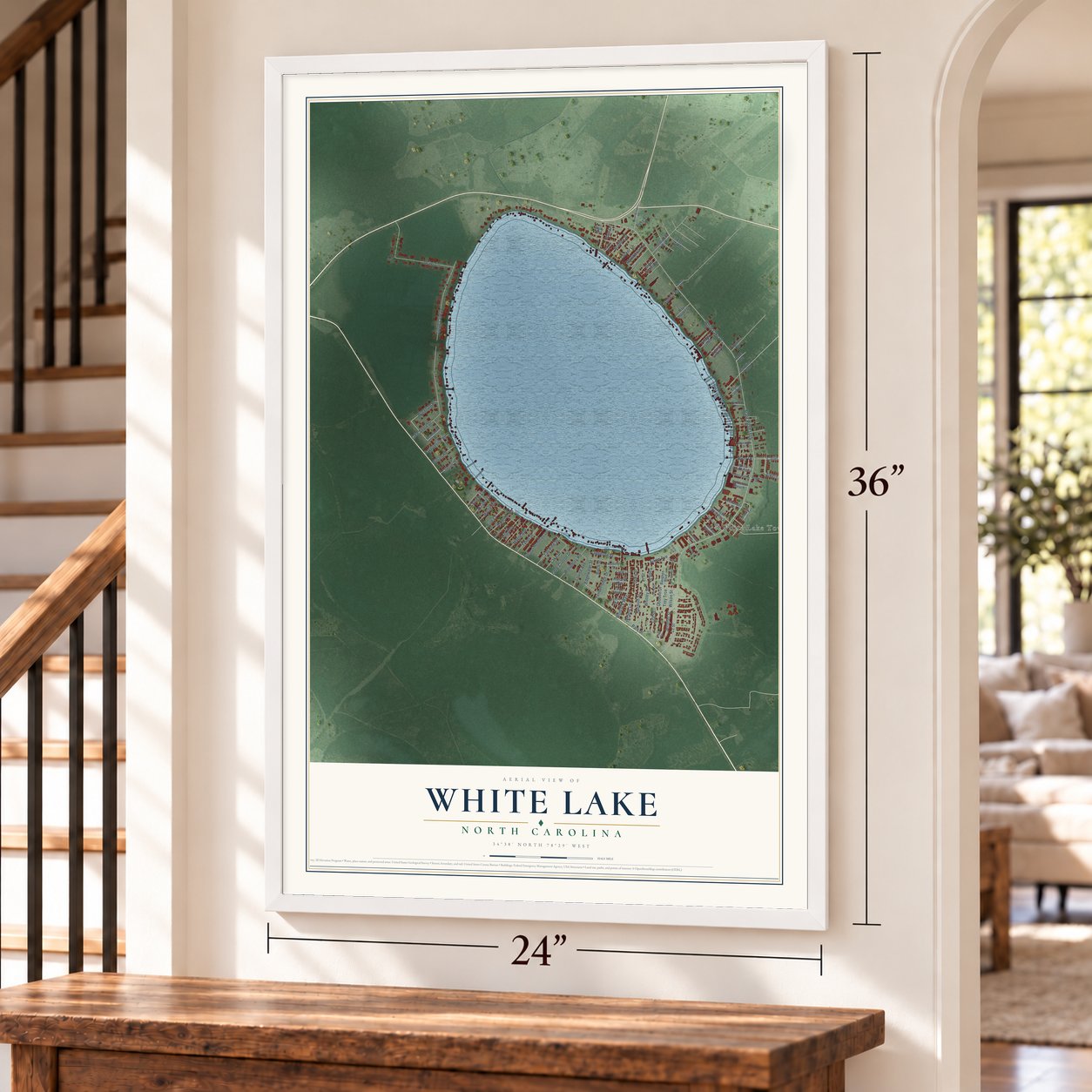 White Lake, North Carolina map, 24 x 36 inch print in a white frame by a staircase