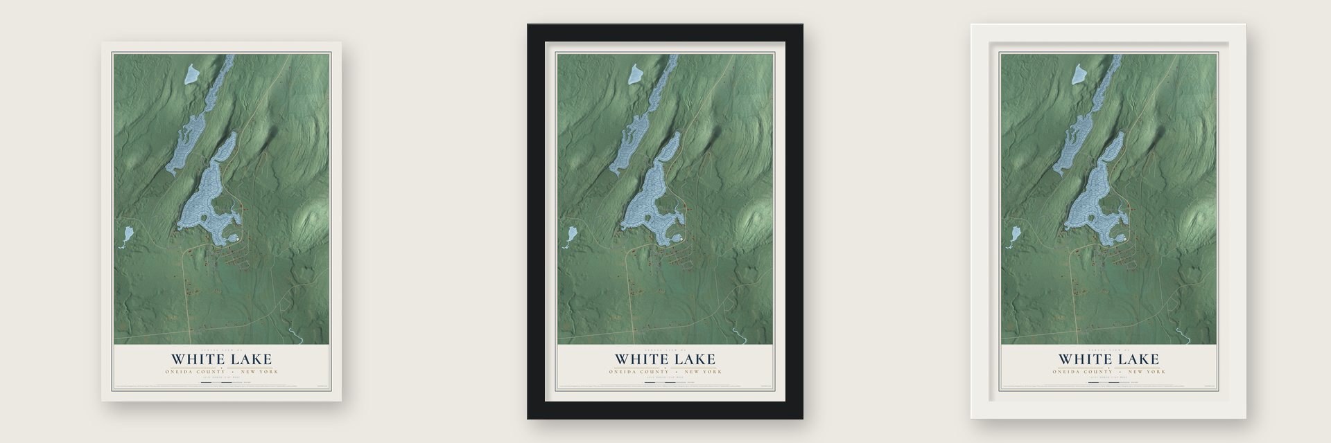 White Lake, Oneida County, New York map unframed, in a black wood frame and in a white wood frame