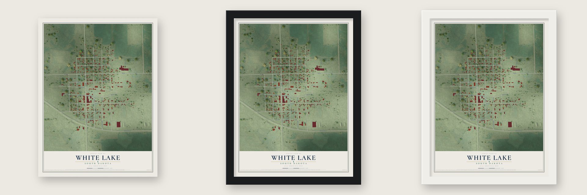 White Lake, South Dakota map unframed, in a black wood frame and in a white wood frame