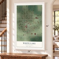 White Lake, South Dakota map, 24 x 36 inch print in a white frame by a staircase