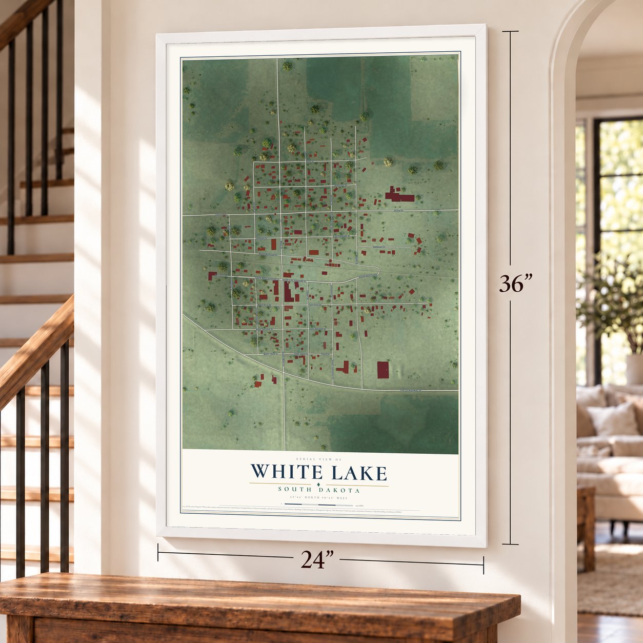 White Lake, South Dakota map, 24 x 36 inch print in a white frame by a staircase
