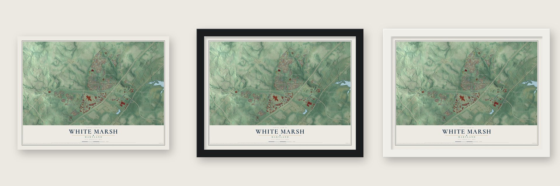 White Marsh, Maryland map unframed, in a black wood frame and in a white wood frame