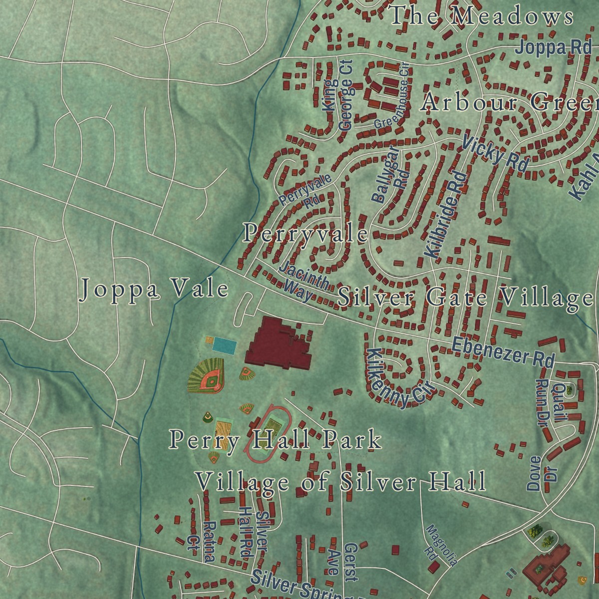 Second close-up of the map of White Marsh, Maryland print showing more streets and buildings