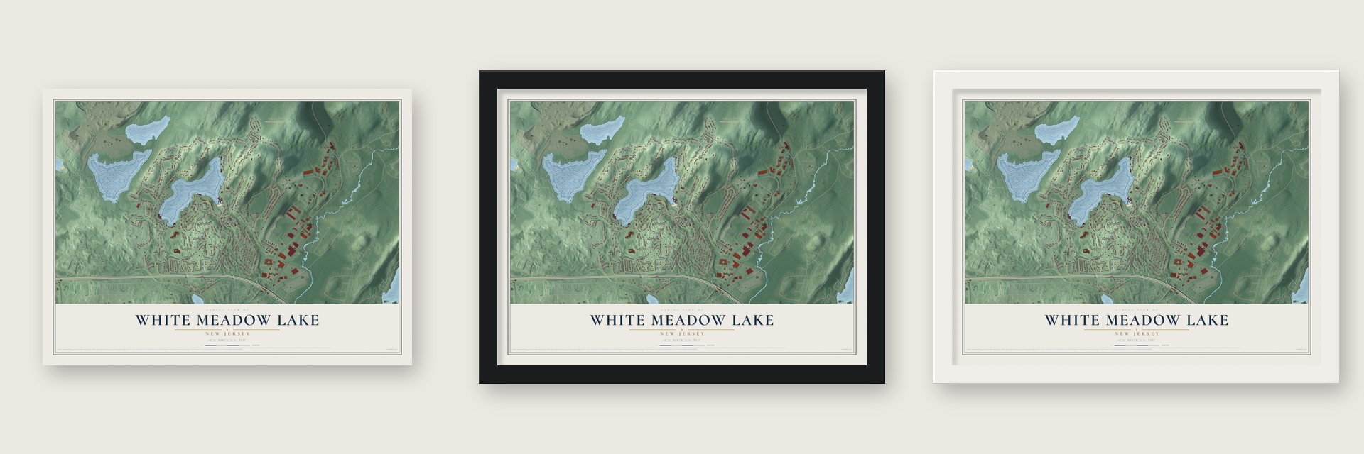White Meadow Lake, New Jersey map unframed, in a black wood frame and in a white wood frame