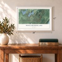 White Meadow Lake, New Jersey map, 12 x 18 inch print in a white frame in an entryway
