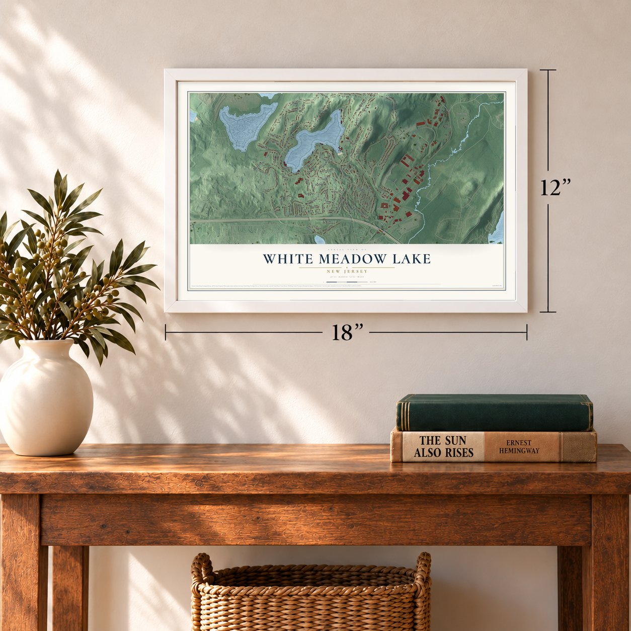 White Meadow Lake, New Jersey map, 12 x 18 inch print in a white frame in an entryway