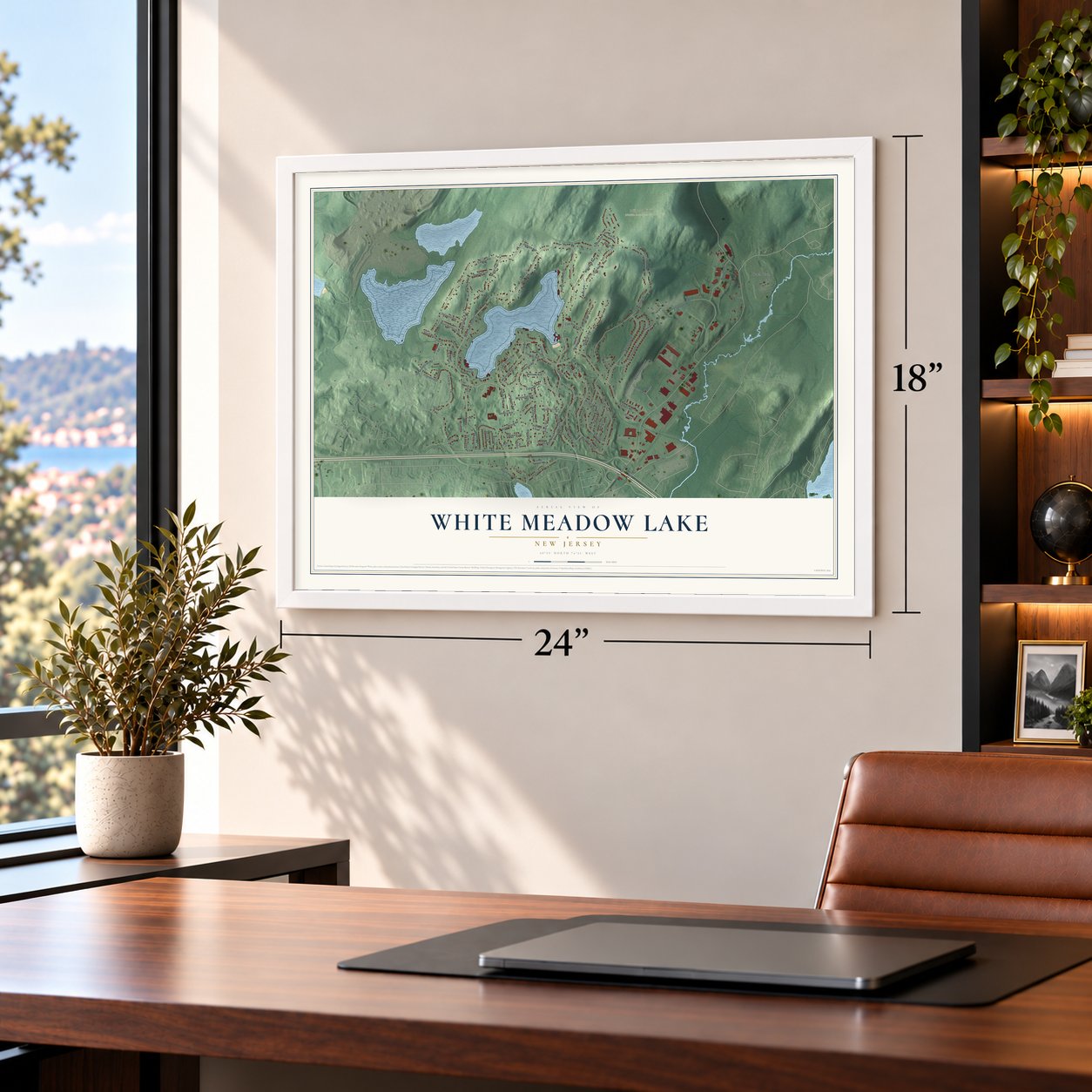 White Meadow Lake, New Jersey map, 18 x 24 inch print in a white frame in a home office