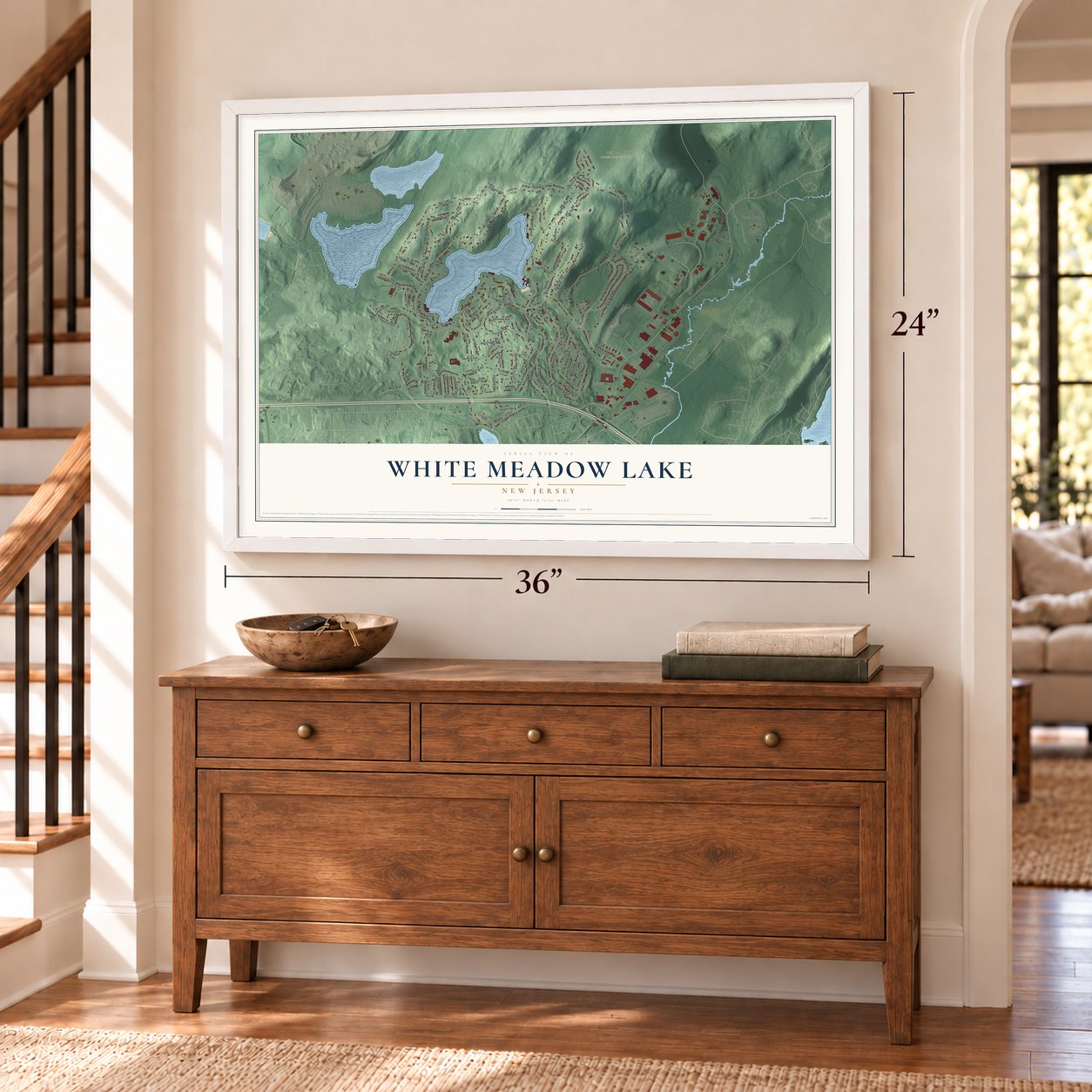 White Meadow Lake, New Jersey map, 24 x 36 inch print in a white frame above a dresser by a staircase
