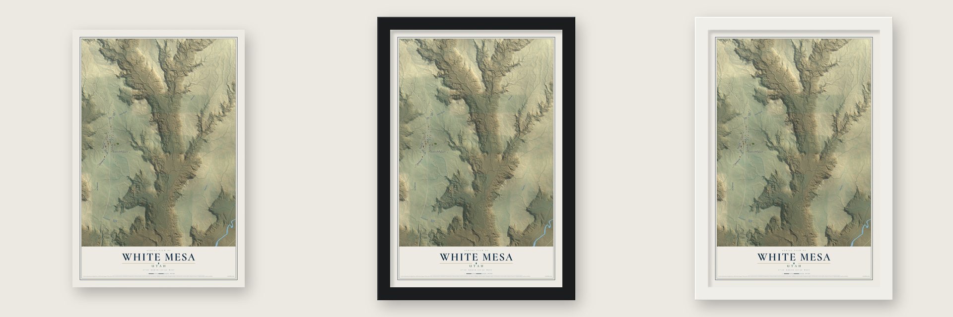 White Mesa, Utah map unframed, in a black wood frame and in a white wood frame